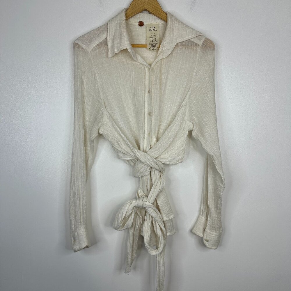 Free People FP ONE Button Down Gauze Wrap Waist Blouse Ivory Size Small